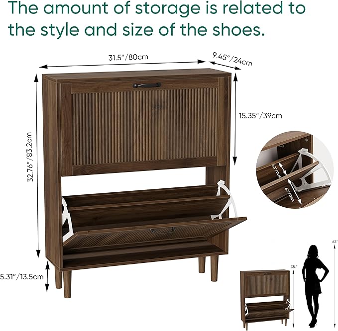 Smuxee Walnut Shoe Cabinet with 2 Flip Drawers, 31.5" Hidden Shoe Storage Cabinet with Small Fluted Doors, Freestanding Shoe Organizer Cabinet for Entryway, Hallway, Living Room