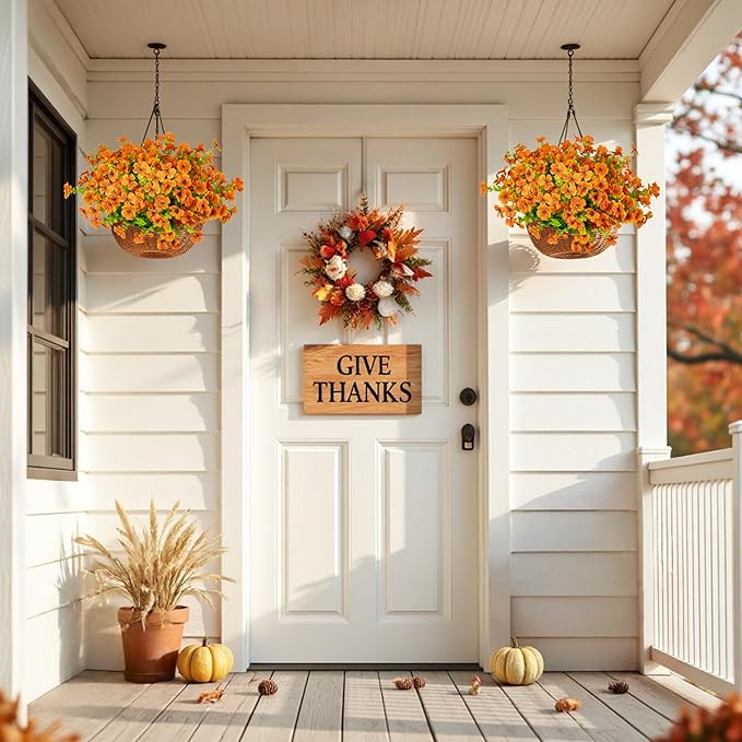Artificial Fake Flowers for Outdoors Fall Autumn Decorations,Faux Mums Flowers Silk Daisy Plants Greenery Realistic UV Resistant for Outside Planter Front Porch Patio Boxwood Garden 16 Bundles(Orange)