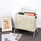 BTSKY Handwoven Magazine Holder, Natural Seagrass Magazine Basket with Metal Rack, Mail Holder Floor Organizer for Office, Living Room, Dorm, Bathroom, Woven Rattan File Basket with Handle (White)