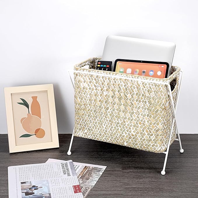BTSKY Handwoven Magazine Holder, Natural Seagrass Magazine Basket with Metal Rack, Mail Holder Floor Organizer for Office, Living Room, Dorm, Bathroom, Woven Rattan File Basket with Handle (White)