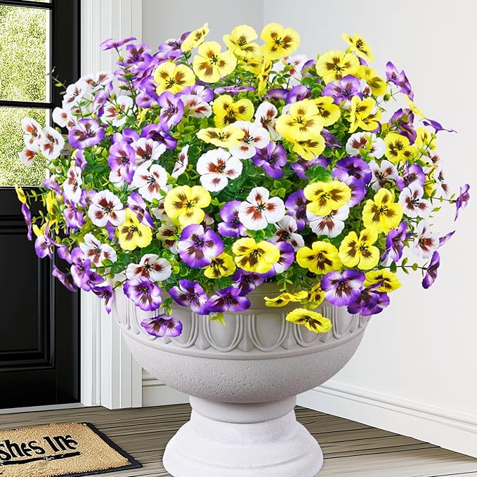 MARTINE MALL 12 Bundles Look Real Artificial Flowers for Outdoors, Realistic Fake Outdoor Flowers, UV Resistant Silk Pansy Flowers for Outside Faux Flower Plants for Outdoor Porch Garden, Mixed Colors