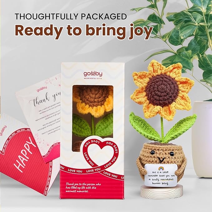 GOSSBY Thank You Gift for Women - Positive Sunflower Crochet - Appreciation, Inspirational, Christmas, Birthday Gift Teacher, Coworker, Friend, Employee - Little Reminder Emotional Support Plush