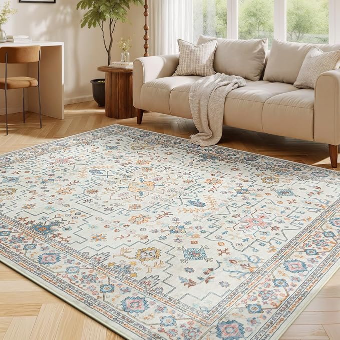Lessymo Living Room Rug 5x7, Washable Area Rug for Bedroom Dinning Nursery Room Office, Boho Faux Wool Soft Non-Slip Carpet Pets Friendly, Vintage Floral Colorful Pastel Decor, Multi/Ivory