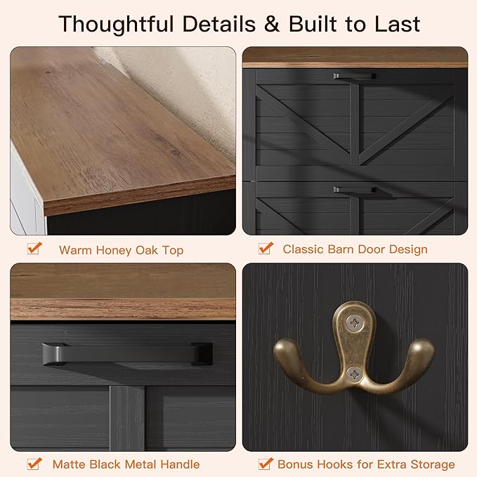 Nicetree Barn Door Shoe Cabinet for Entryway - Modern Farmhouse Shoe Storage Cabinet with 3 Flip Drawers - Slim Hidden Shoe Organizer, 3-Position Adjustable Divider, Fits Size 13, Brushed Black