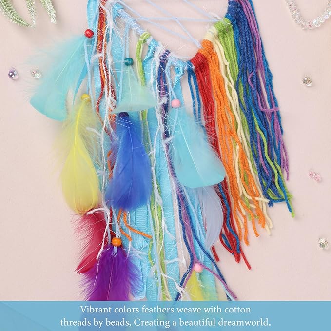 Pretty Jolly Unicorn Dream Catchers for Little Girls Bedroom Handmade Kids Dreamcatcher with Fluffy Pom Poms Feathers&Beads,Nursery Wall Decor for Toddler Girls Room,Children Birthday Gift(Blue)