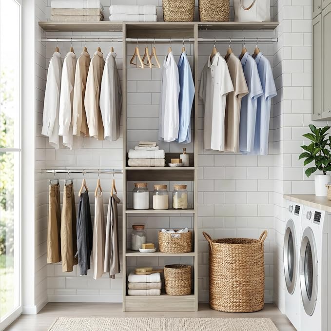 Cyclysio 4FT Small Closet System, 80"H Closet Organizer System with 4 Closets Rods & 3 Shelves, 48" Closets Organizers and Storage for Small Bedrooms, Laundry Rooms, Cloakrooms, White Oak