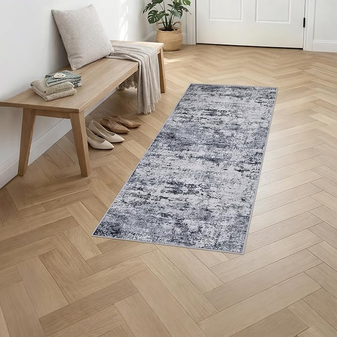 2'x5'Runner Rug Washable Rug: Modern Abstract Soft Thin Runner Rug Grey