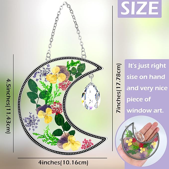 KY&BOSAM Moon Suncatcher Gifts for Mom Family Friends Stained Glass Suncatchers for Windows Hangings Wind Chimes with Real Flower Colorful Crystal Outdoor for Garden Indoor Home Christmas Trees Decor