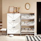 Nicetree Shaker Barn Door Shoe Storage Cabinet for Entryway, 3 Flip Drawers & 3-Tier Adjustable Shelves, Ultra Slim Freestanding, Modern Rustic Brushed White Farmhouse Shoe Rack for Hallway, Foyer