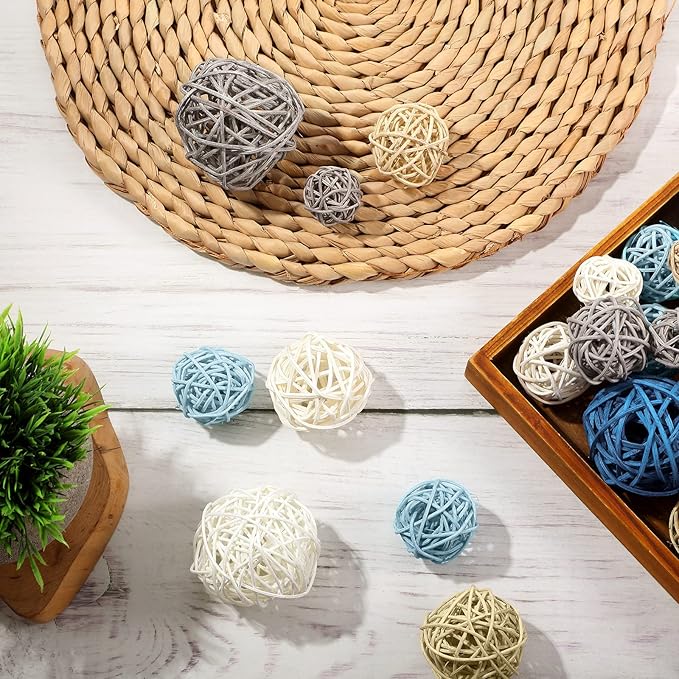 Patelai 36 Pcs Wicker Rattan Balls Decorative Balls for Vase Centerpiece Bowls Orbs Filler for Home Decor,4 Sizes(Cute Color,2.4'',2'',1.6'',1.2'')