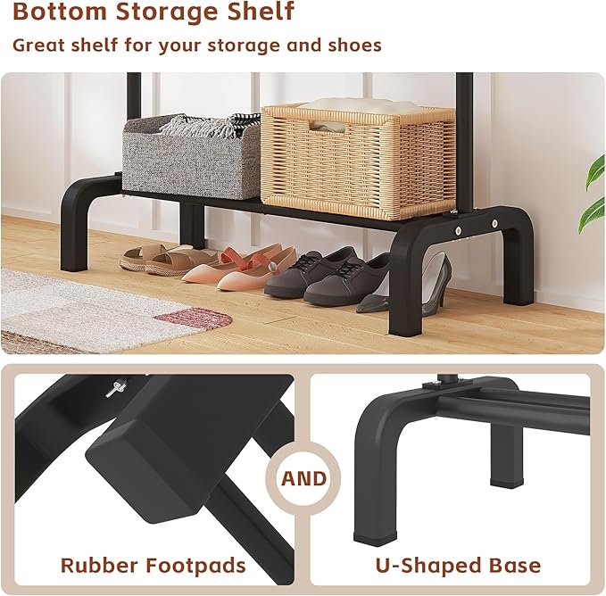 JIUYOTREE Standard Clothes Clothing Garment Rack with Storage Shelves Clothes Organizer for Hanging Clothes Coat Jacket Shirt Sweater Jeans Black