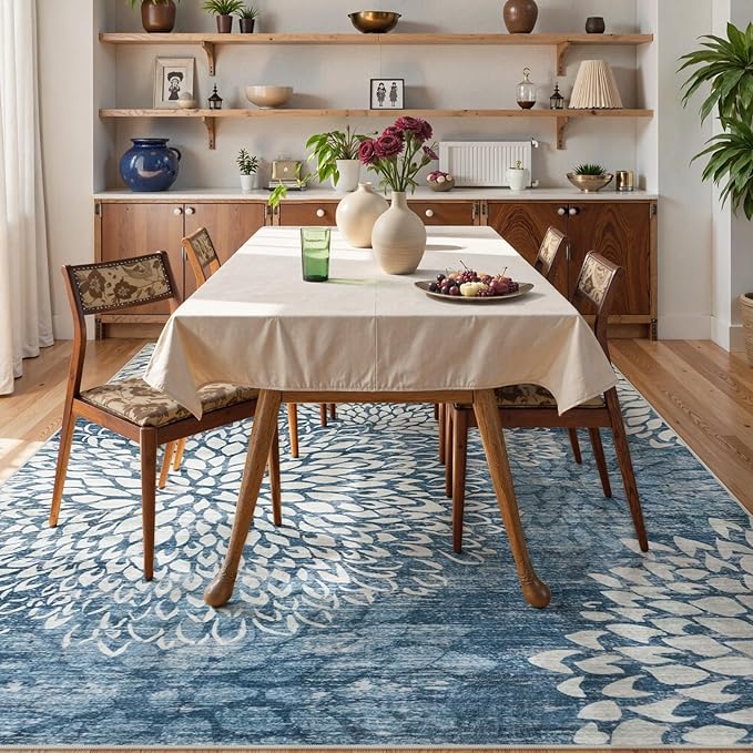 Dahlia Blue Washable Area Rugs 8x10, Low Pile Floral Bedroom Rug 8x10 Under Bed, Boho Soft Large Rug for Living Room, Non Slip Floor Carpet for Dining Room Office,Blue