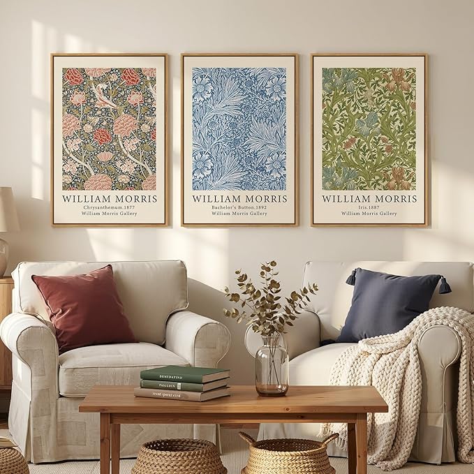 Large Framed William Morris Wall Art Set of 3, Vintage Green Botanical Floral Canvas Prints, Retro Classic Natural Pattern Paintings for Living Room, Bedroom, Dining Room, Hallway, Office Decor, Total Size 30x60 In