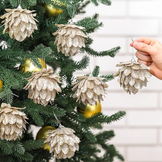 Jetec 8 Pieces Christmas Ornaments Glitter Christmas Tree Hanging Decoration Decorative Artificial Pine Cones Flowers Hanging Ornaments for Winter Wreath Holiday Decor(Champagne Gold)