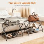 Heybly Luggage Rack for Guest Room, Pack of 2, Steel Folding Suitcase Stand with Storage Shelf for Bedroom, Hotel, Foldable Steel Frame, Guest Room, 26.2" L x 14.4" W x 20.5" H, Gray HLR004G2