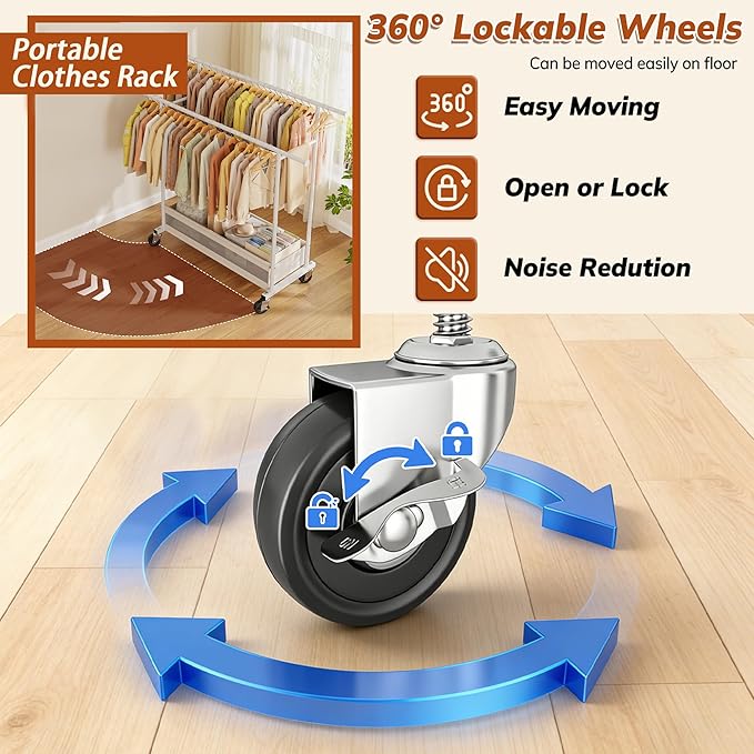 Clothes Rack, Double Rods Clothing Rack, Clothing Racks for Hanging Clothes, Rolling Clothes Rack with Storage Basket & Heavy Duty Wheels, Garment Rack for Bedroom, Laundry Room, White