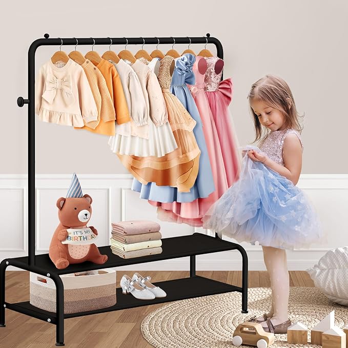 Kids Clothing Rack - Small Garment Rack - Small Kids Costume Wardrobe Rack with 2 Fabric Floors Storage Shelf - Mini Short Baby Toddler Clothes Rack