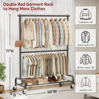 SLEEPING LAMB Heavy Duty Clothes Rack with Wheels, Metal Rolling Garment Rack for Hanging Coats, Shirts (Black)