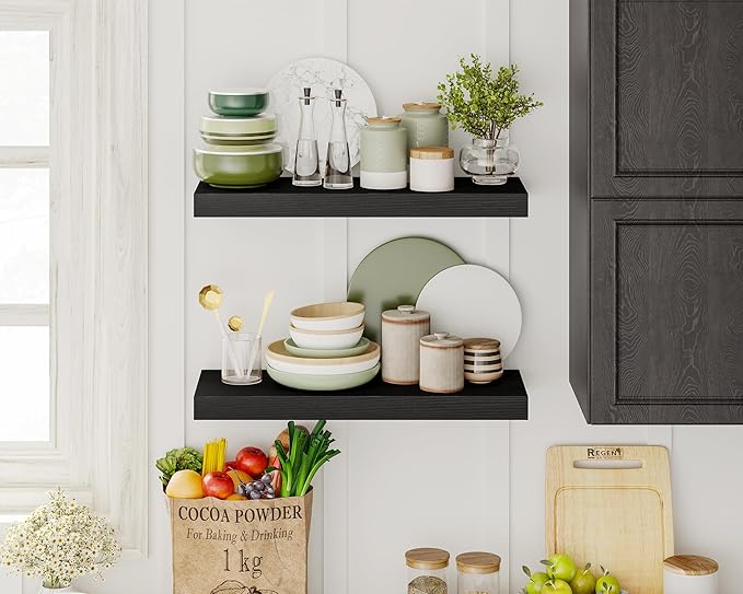 Fixwal Black Shelves, 15.7in Floating Shelves, Farmhouse Shelf Wall Decor for Bathroom, Bedroom, Living and Kitchen Set of 6