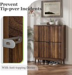 Shoe Storage Cabinet with 2 Flip Drawers, Walnut Fluted Narrow for Entryway, Slim Shoe Rack Cabinet Organizer 31.5in