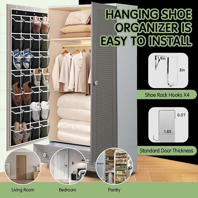 28 Compartment Over the Door Shoe Organizer, Breathable Mesh Large Shoe Rack for Closet Storage, Space Saving Hanging Shoe Holder with Reinforced Hooks (Fits Men & Women,Black-01)