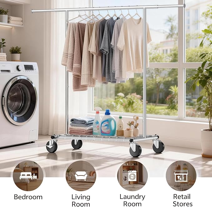 Heavy Duty Clothes Rack - Load 500 LBS, Rolling Clothing Rack for Hanging Clothes with Lockable Wheels & Shelves, Extendable Garment Rack for Bedroom, Laundry, Living Room, Silver