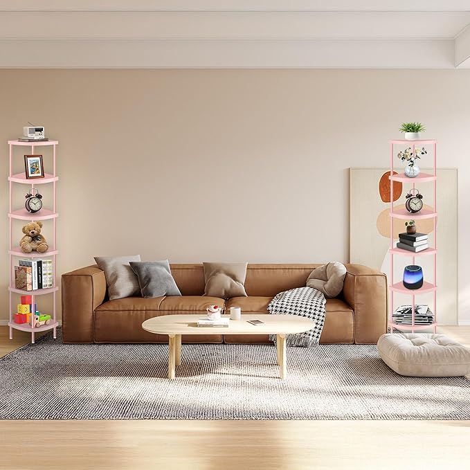 Qupui 6 Tier Corner Shelf Stand, 66” Tall Corner Bookshelf Multipurpose Shelving Unit, Corner Stand Display Rack Home Organizer Shelves for Bedroom Living Room, Pink