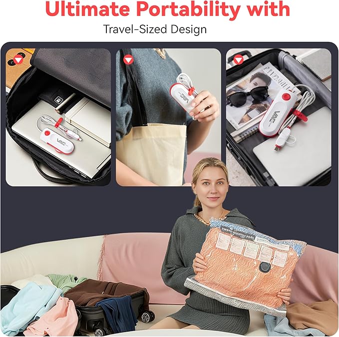 Travel Vacuum Bags with USB and TYPE C Pump Pump,9 Pack Vacuum Storage Bags,vacuum for bags storage, Powerful -58KPa Suction for Luggage,Travel and Home Use for Clothes and Blankets（Red）