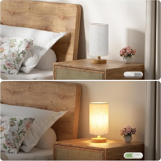 Fenmzee Small Table Lamp for Bedroom - Inline Control, Bedside Lamp with 3000K A15 LED Blub, Easy Assembly (Cream Shade - Wood Base, 9" Inline Control)