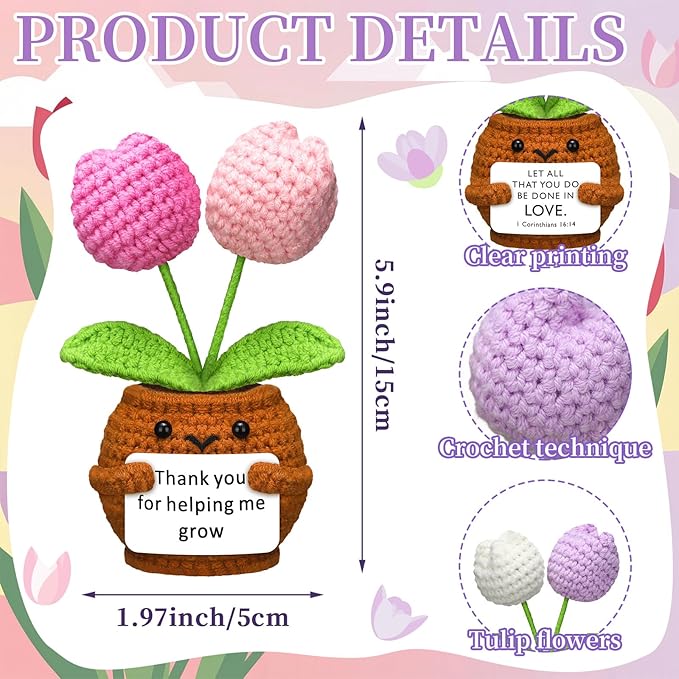 Wavwavw 3 Pack Teacher Appreciation Gift Positive Flower Handmade Crochet Doll Thank You for Helping Me Grow Gifts Back to School Gifts for Women Teacher(Tulip)