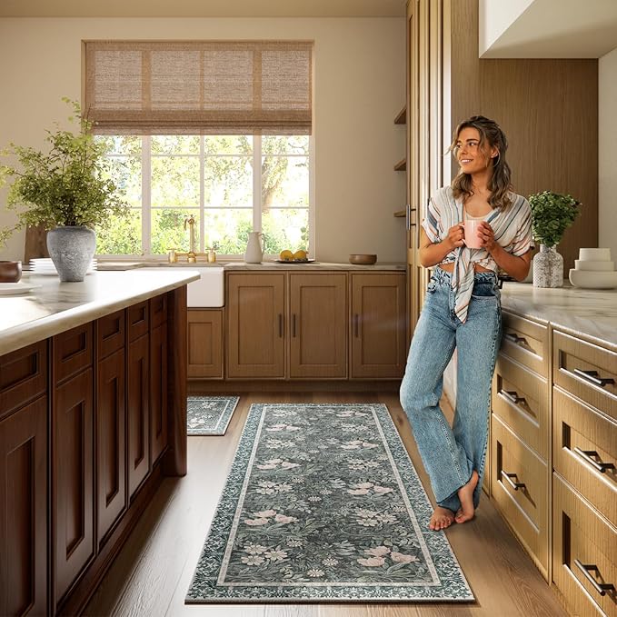 Non Slip Vintage Floral with Ornate Border Hallway Runner Rug - Long Runner Rugs 2x6 Washable Kitchen Floor Mat, Laundry Room Rug, Bathroom Runner