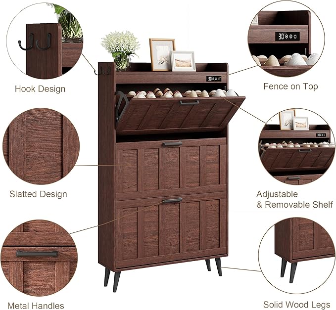 ChooChoo Shoe Storage Cabinet with 3 Flip Drawers, Deodorizing Shoe Organizer Storage for Entryway, Freestanding Hidden Slim Narrow Shoe Rack Cabinet, Walnut