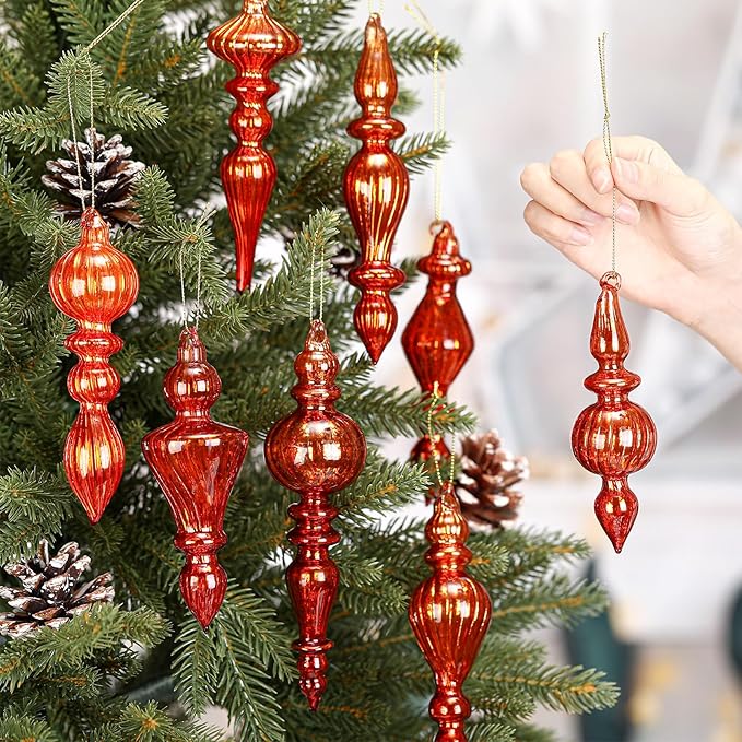 Mifoci 8 Pcs 6 Inch Mercury Glass Finial Christmas Ornaments Hanging Christmas Finials Glass Ornaments Assorted Mercury Decor for Vintage Holiday Xmas Tree Decoration(Copper Orange)
