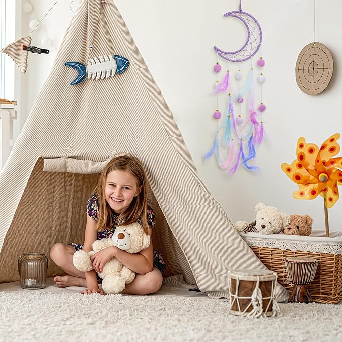 ElevateTech Purple Dream Catcher Wall Hanging Set, 2 Pcs Moon Star Pompom Feather Dreamcatcher Wall Decor Handmade Dream Catchers Boho Room Decor for Bedroom, Nursery Walls Art Birthday Gifts