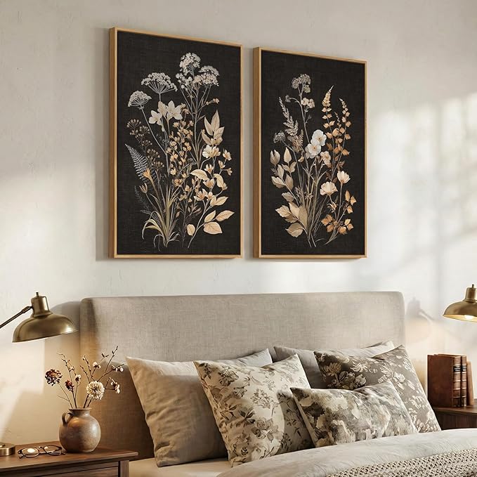 Large Framed Vintage Botanical Wall Art Set of 2, Neutral Farmhouse Moody Floral Canvas Painting Prints, Rustic Dark Academia Flower Pictures for Living Room Bedroom Kitchen Wall Decor, 24x36 Inch