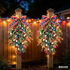 2 Pack 20'' Patriotic Swag Wreaths for Cabinets Artificial 4th of July Teardrop Wreath with Red White Blue Circular and Green Leaves for Independence Day Memorial Day Front Door Porch Window Wall