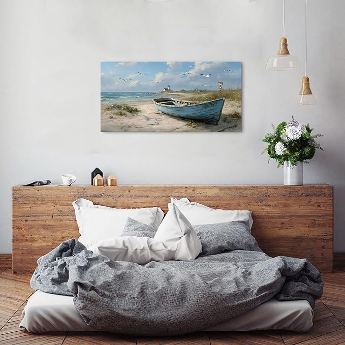 Coastal Wall Art Beach Wall Decor Nautical Ocean Canvas Picture Nature Seaside Boat Seascape Prints Painting Bathroom Decor Rustic Beach Scenery Artwork Living Room Bedroom Office Decoration 20x40"