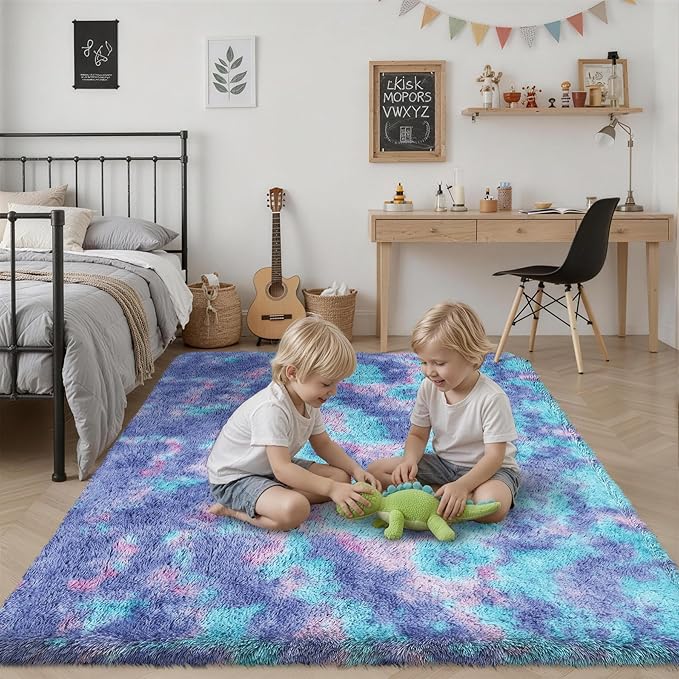 Fluffy 5x7 Area Rugs for Living Room Bedroom: Ultra Soft Shag Rug Non-Slip Non-Shedding Small Plush Bedside Rug Indoor Floor Carpets for Kids Room Playroom Entryway Nursery Dorms Home Rainbow Purple