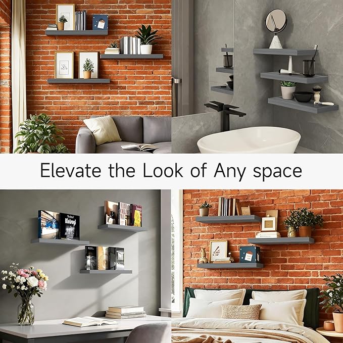 BAYKA Floating Shelves for Wall, Set of 3, 22.5 Inches Wall Mounted Rustic Wood Shelves for Bathroom, Bedroom, Living Room or Kitchen Decor, Storage for Books, Lego, Plants, Gray