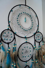 Bohemian 5 Rings Turquoise Dream Catchers with Turquoise Pendant Handmade Native American Style Wall Hanging Decor for Bedroom, Living Room, Boho Home Decor & Gift(Black 5 Rings)