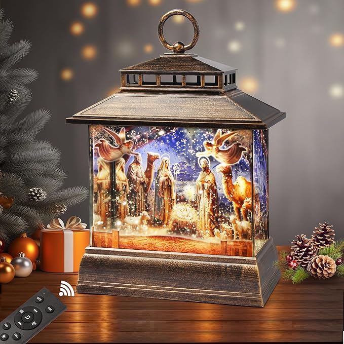 Christmas Snow Globe Lantern Water Glittering Lantern with 8 Songs & 6H Timer Romote Control Christmas Snow Globes USB & Battery Operated for Christmas Festival Decorations Gifts (Nativity)