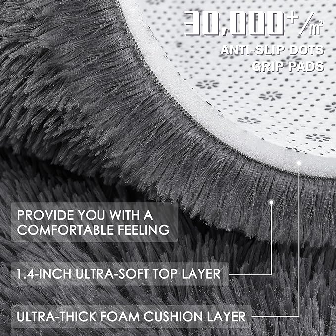OLANLY Grey Round Rugs for Bedroom - Machine Washable, 5 ft Circle Area Rugs for Living Room, Soft and Fluffy Shaggy Carpet for Teen Girls and Boys, Nursery Rooms, Dorms, Home Decor Aesthetic