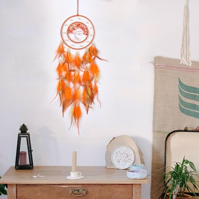 Pretty Jolly Orange Tree of Life Dream Catcher Wall Decor with Luminous Beads Handmade Crystal Stones Dreamcatchers Wall Hanging with Small Butterfly Pendant for Bedroom Wedding Party Wish Gift