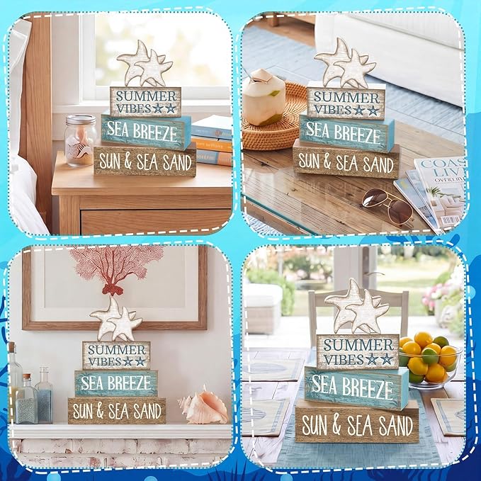 Yuntau 4 Pcs Summer Beach Decorations for Home Beach Tiered Tray Decor Starfish Coastal Rustic Starfish Wooden Block Table Sign Stacked Book Nautical Table Centerpiece for Farmhouse Office Desk Shelf