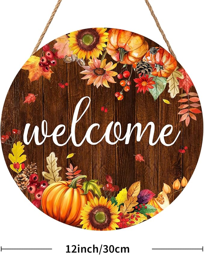Fall Pumpkin Sunflower Front Door Welcome Hanger 12"x12" - Autumn Thanksgiving Farmhouse Decorations - Rustic Outdoor Hanging Plaque Wall Art for Home Porch
