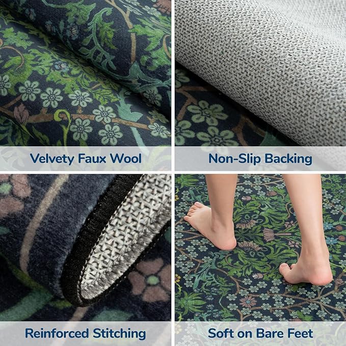 Lessymo Floral Forest Green 3x5 Area Rugs for Entryway, Kitchen, Bedroom Beside Rug Soft Non-Slip Small Carpet for Living Room, Laundry Room, Vintage Distressed Boho Flower Print