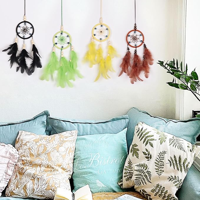 Pretty Jolly Small Evil Eye Dream Catchers Wall Decor Wood Beads Handmade Green Feathers Mini Dreamcatchers Home Decoration Ornament for Car Bedroom Birthday Party