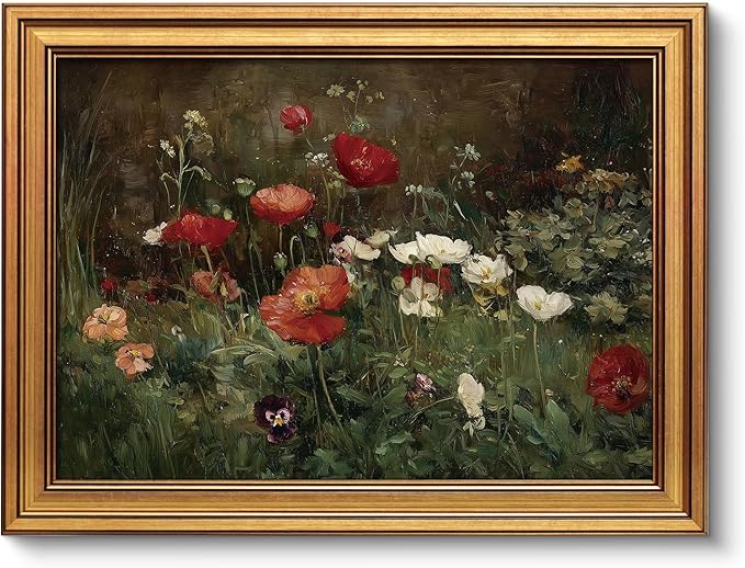 VIYYIEA Vintage Gold Framed Wall Art for Living Room, Flowers Canvas Prints Home Decor, Oil Painting Picture, Bedroom Wall Decor Gifts for Friends or Family -【Poppies】-(16L x 12W)