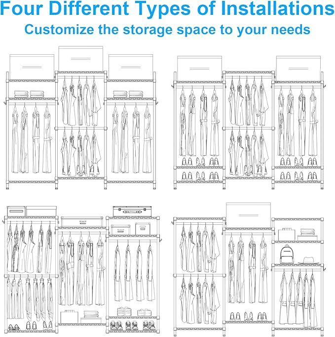 Ulif E13C Heavy Duty Closet Organizer System，Freestanding Clothing Racks for Hanging Clothes，Adjustable Garment Rack 63" W x 16" D x 77" H Hold 960 lbs，White Clothing Rack with Grey Dustproof Cover