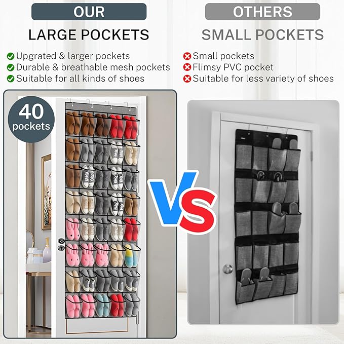 40-Pocket Over the Door Shoe Organizer - Large Mesh Pocket Hanging Shoe Organizer,Behind the Door Shoes Storage Holder Hanger,Large Capacity Design for Dorm Room College,Store 20 Pairs(Grey)